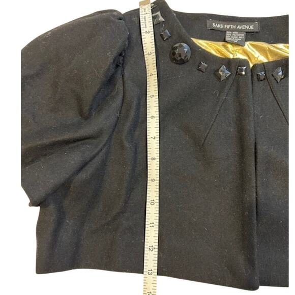 SAKS FIFTH AVENUE Black Cropped Short Blazer Shrug Gold Lined Beaded Wool - Picture 7 of 13